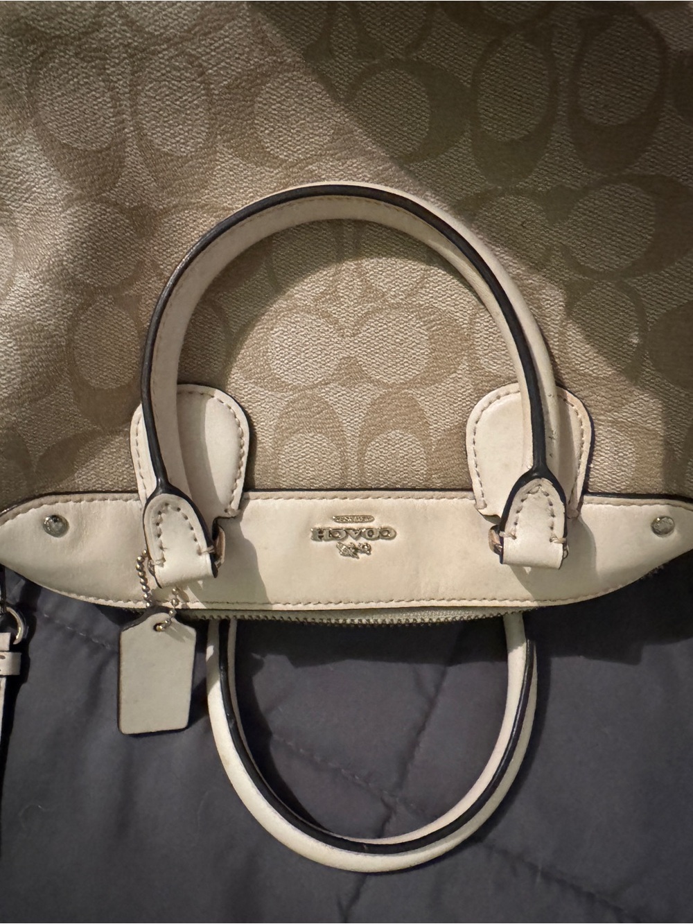 Coach Beige Signature Canvas Satchel with White Trim